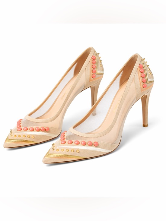 Stuart Weitzman Shoes - Stuart Weitzman Nude Mesh Pumps Studded Coral Detail Heels 85mm EU36 Luxury Chic
